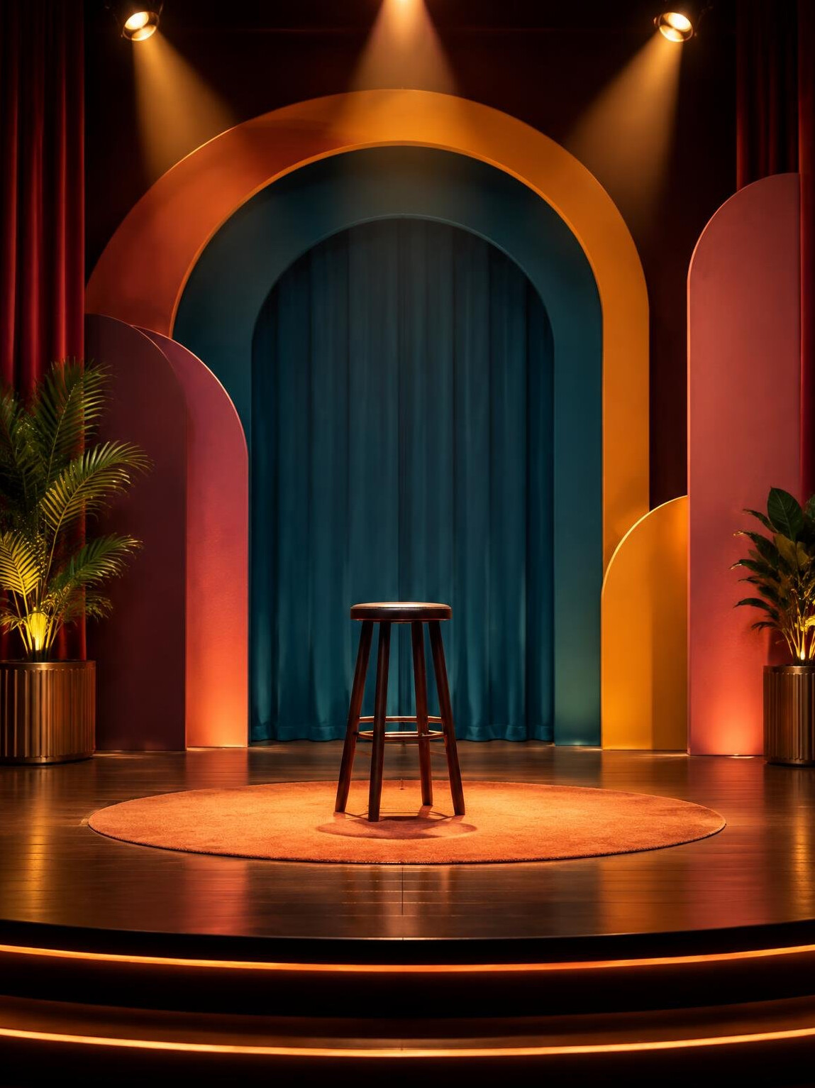 Empty stage with bright spotlights and a styled backdrop