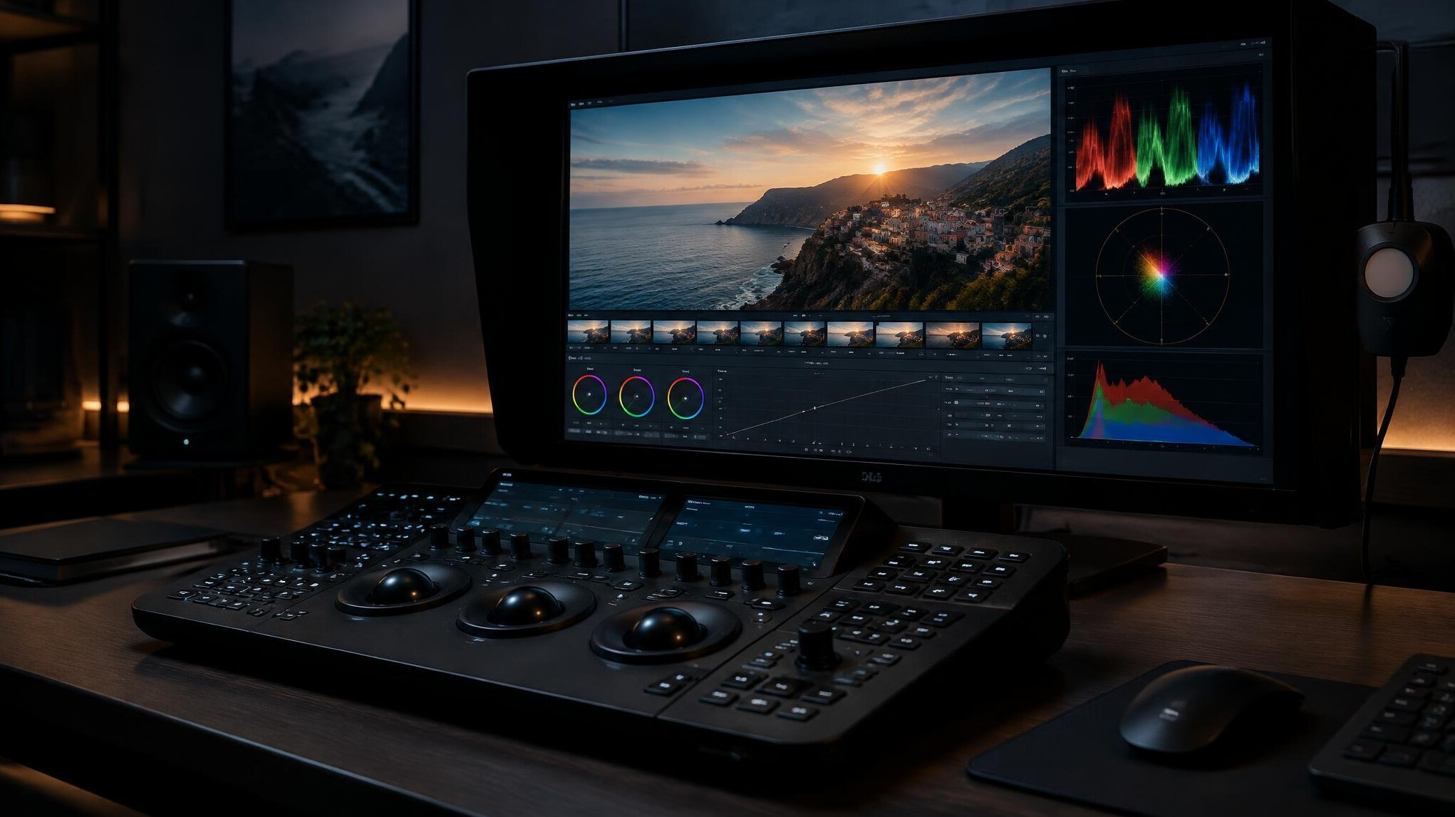 Color grading panel and monitor in a post-production room