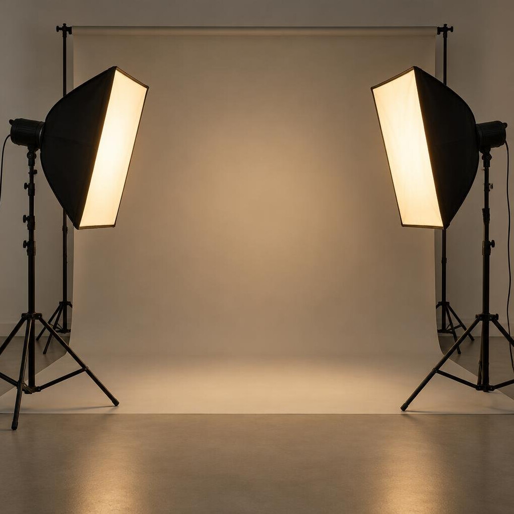 Studio softbox lights on stands in a production studio