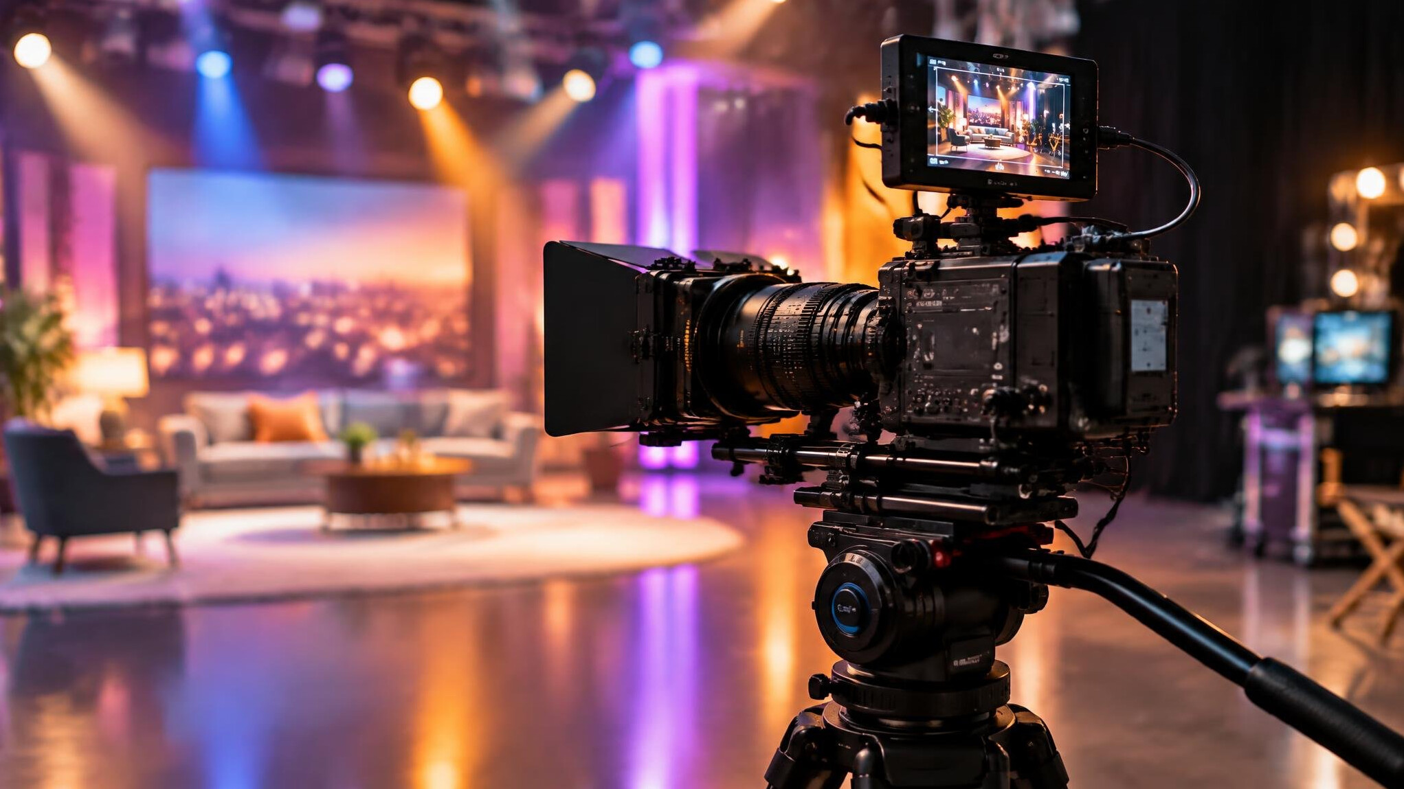 Cinema camera on a tripod on a colorful production stage