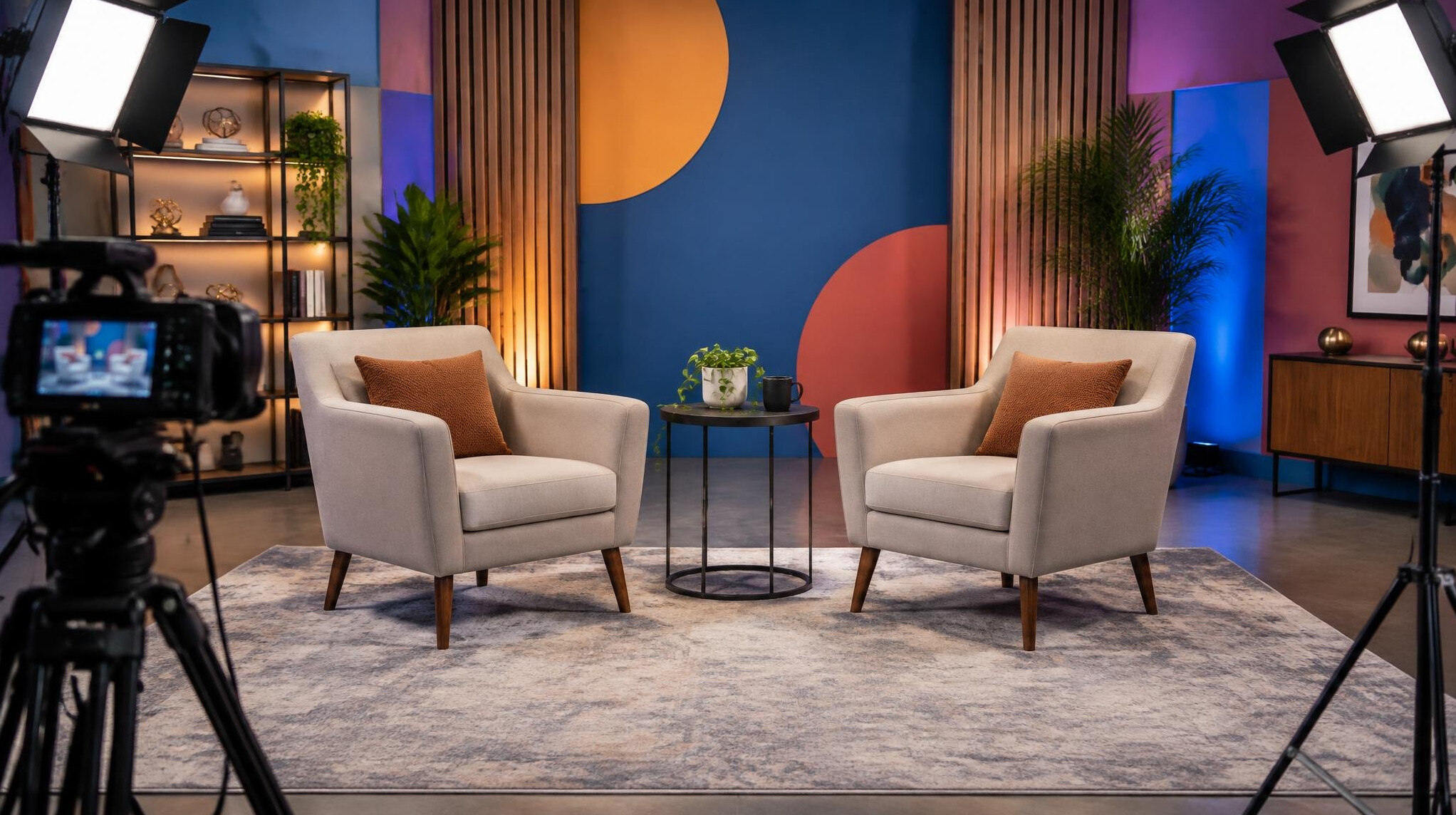 Interview set with two chairs and a camera in front of a styled backdrop