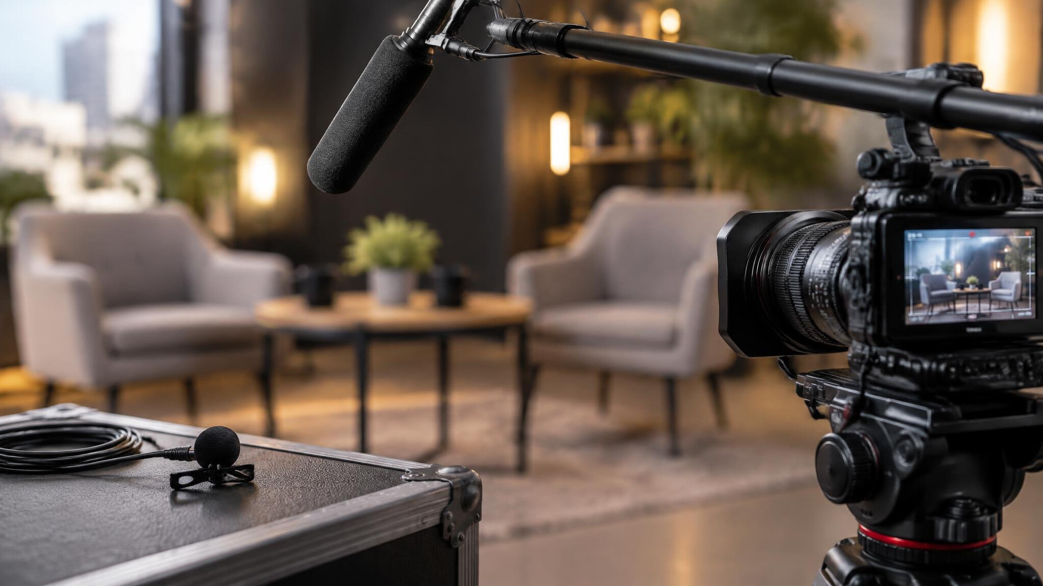 Microphone and camera ready for an entertainment interview