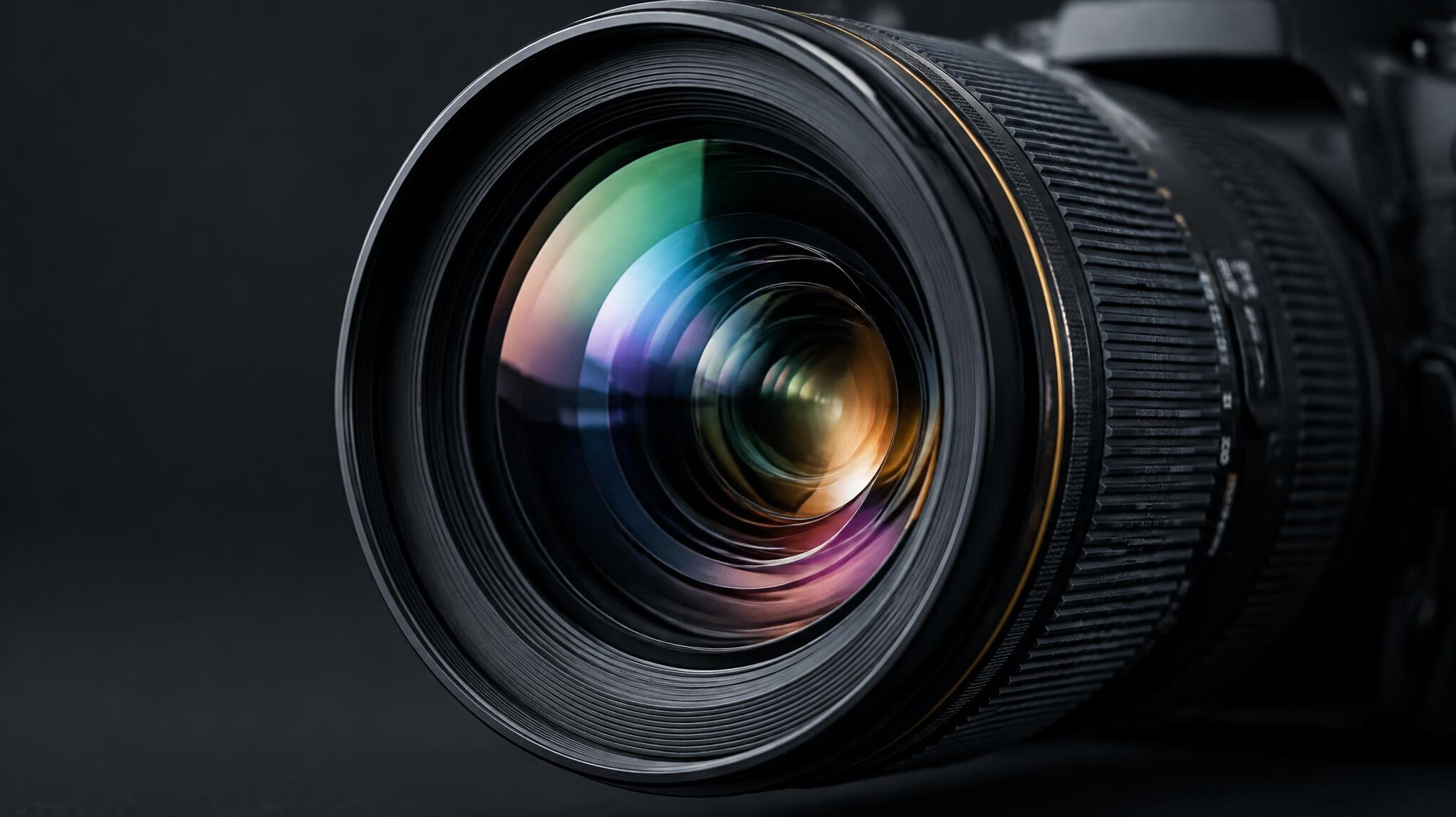Close-up of a camera lens with reflections
