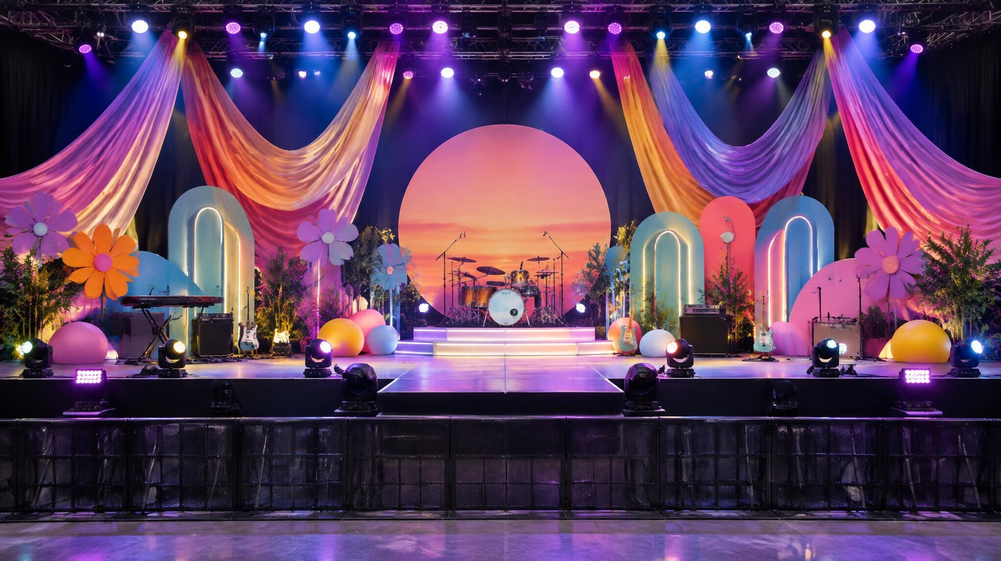Concert stage with colorful decor and lighting