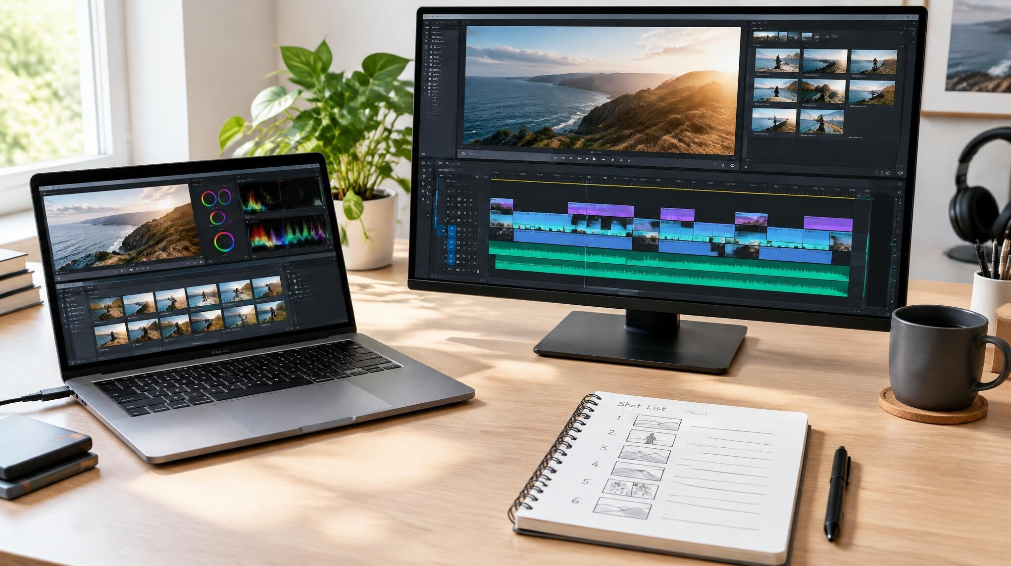 Laptop and editing setup on a desk for content workflow